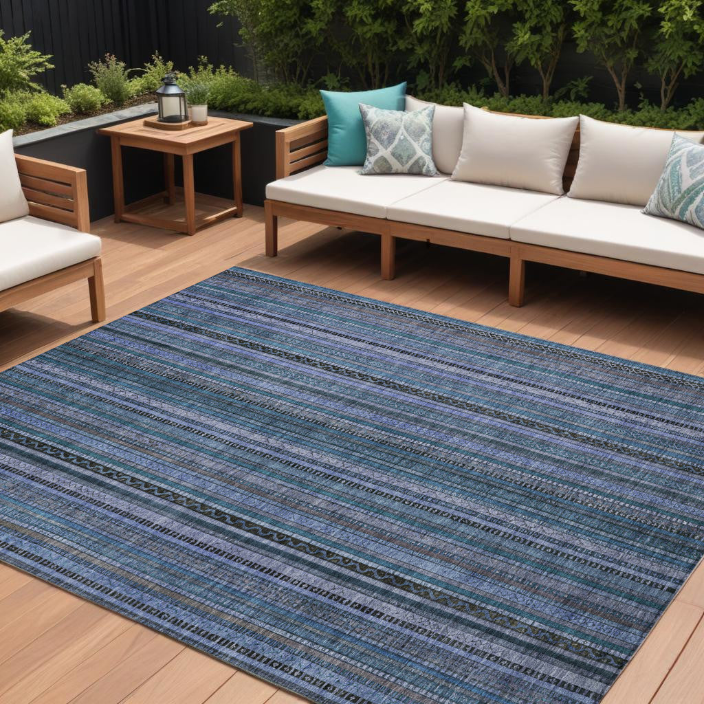 9 X 12 Blue Gray And Sky Blue Striped Washable Indoor Outdoor Area Rug