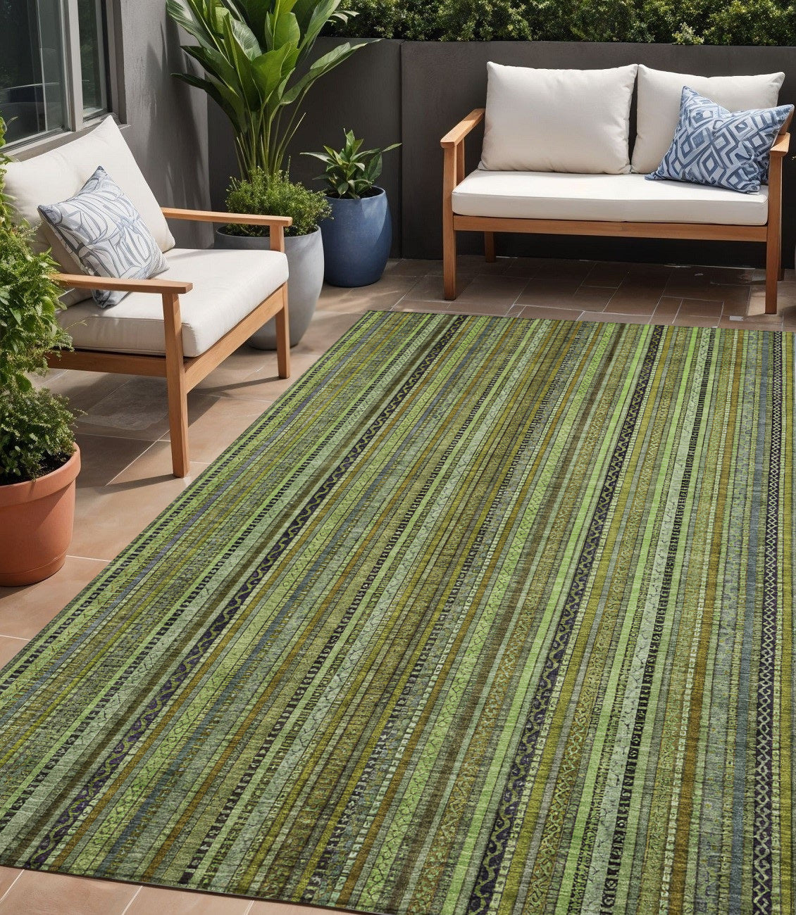 5 X 8 Green Gold And Gray Striped Washable Indoor Outdoor Area Rug