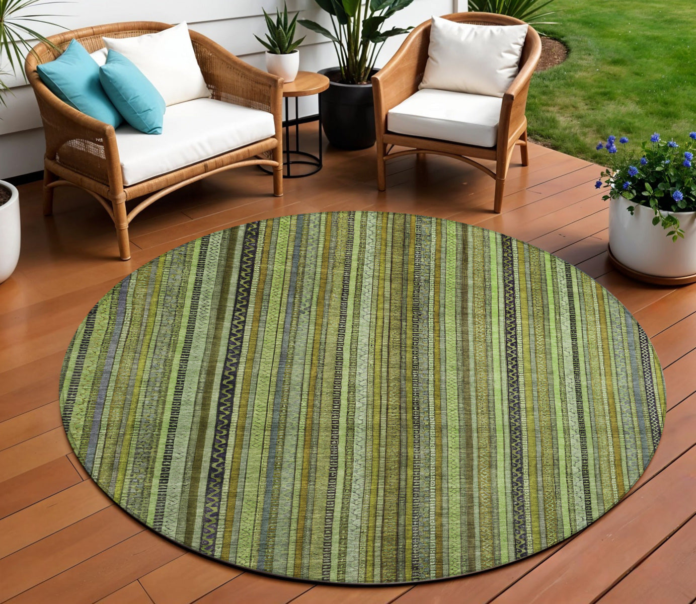 8 Green Gold And Gray Round Striped Washable Indoor Outdoor Area Rug
