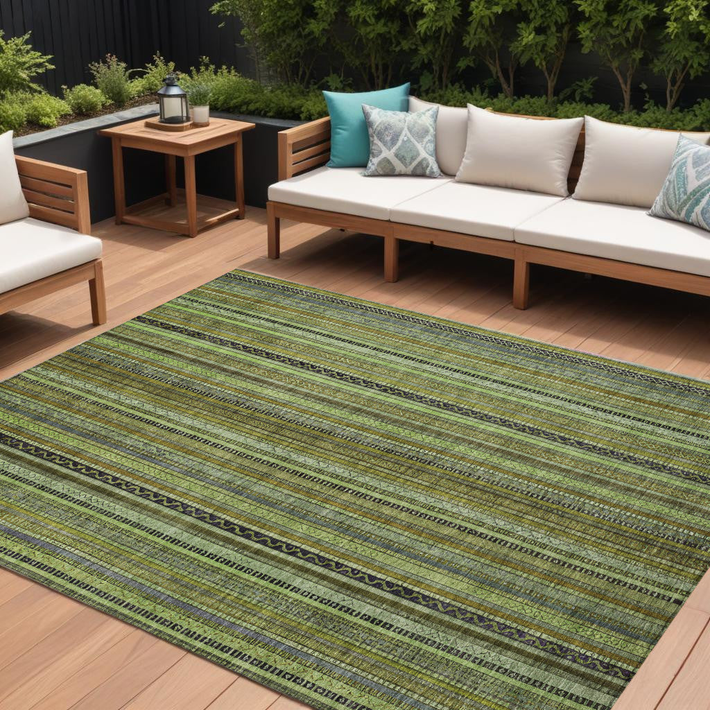 10 X 14 Green Gold And Gray Striped Washable Indoor Outdoor Area Rug