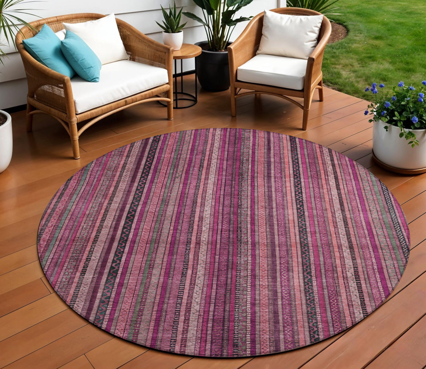 8 Pink Mauve And Blush Round Striped Washable Indoor Outdoor Area Rug