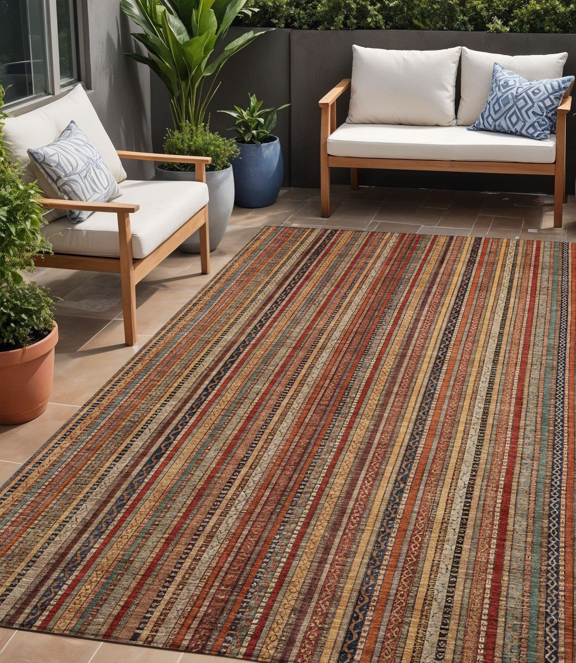 5 X 8 Rust Taupe And Gray Striped Washable Indoor Outdoor Area Rug