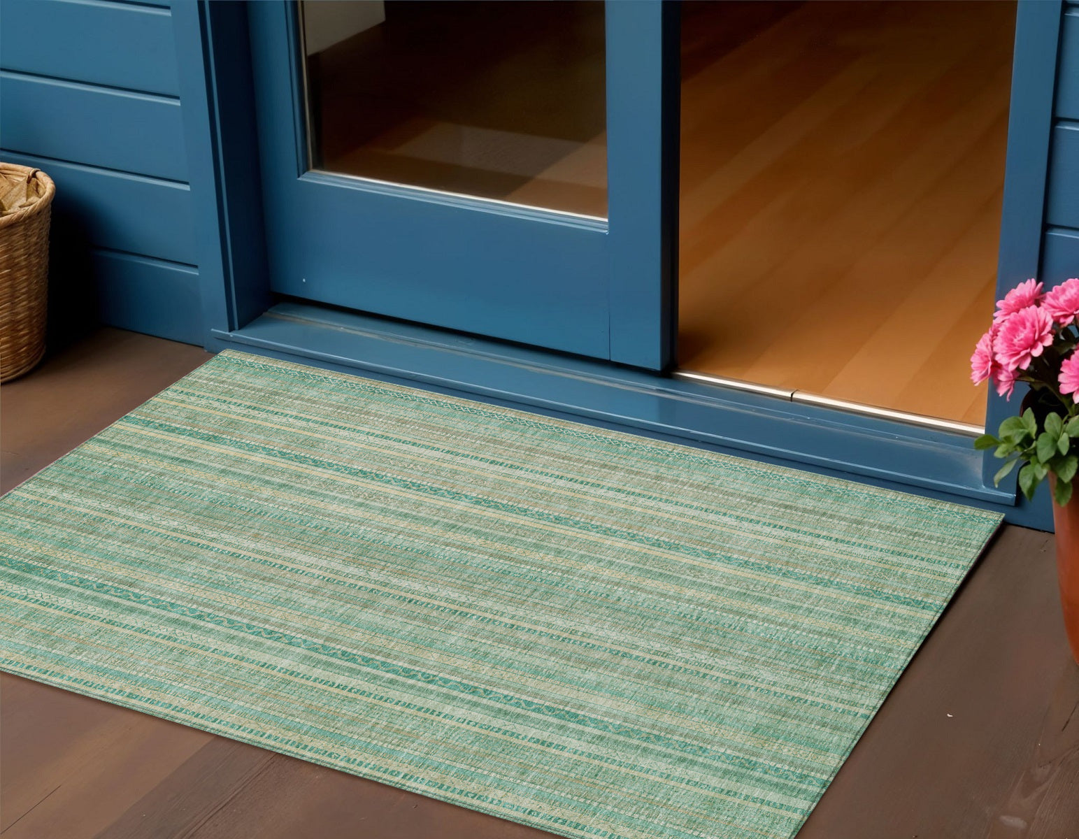 3 X 5 Aqua Beige And Teal Blue Striped Washable Indoor Outdoor Area Rug