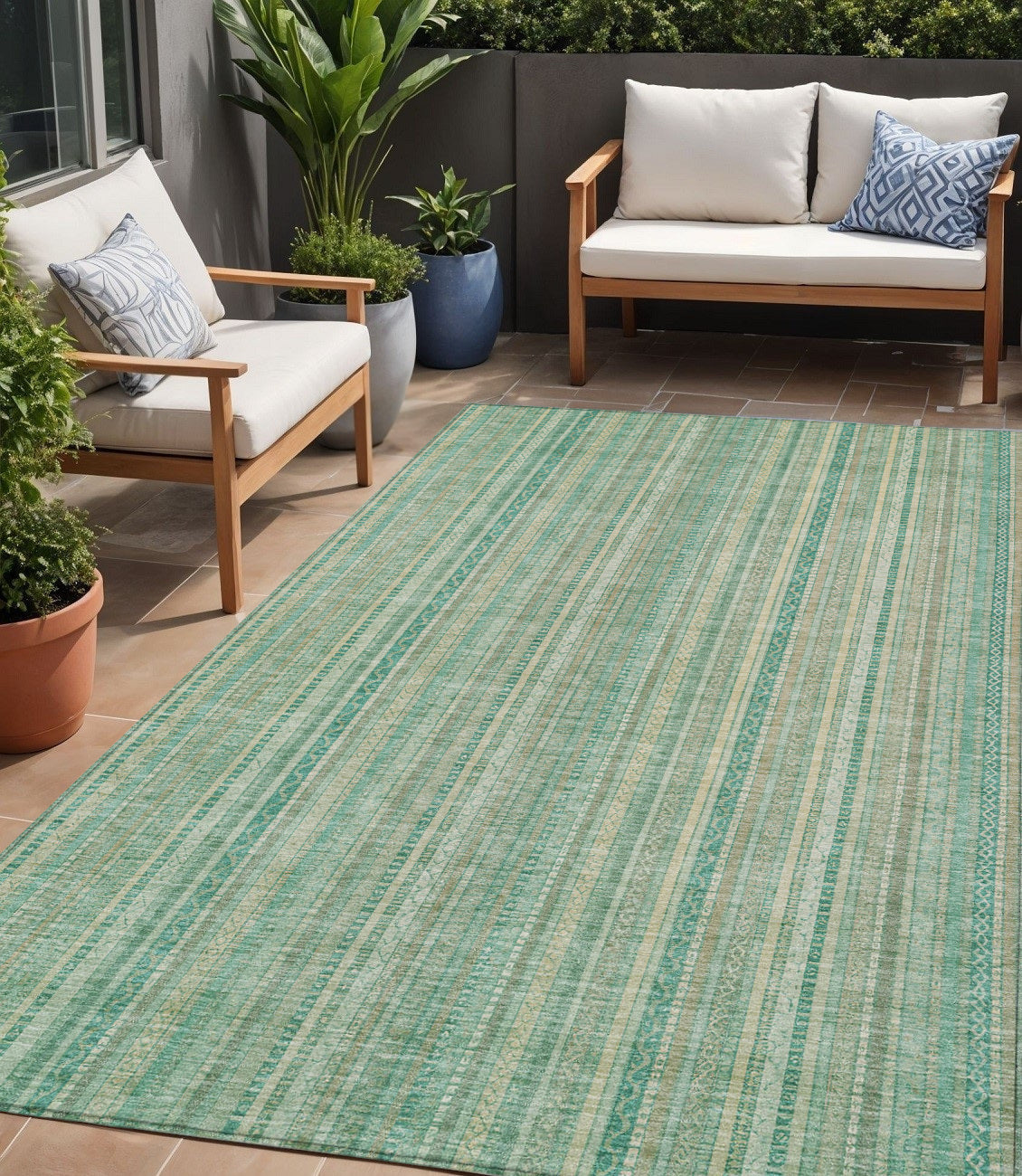 5 X 8 Aqua Beige And Teal Blue Striped Washable Indoor Outdoor Area Rug
