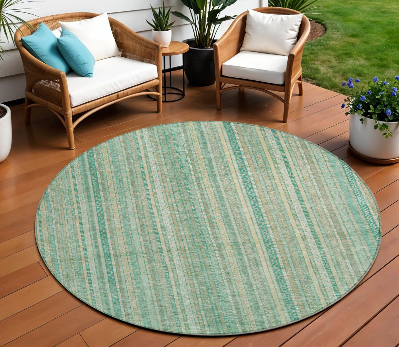 8 Aqua Beige And Teal Blue Round Striped Washable Indoor Outdoor Area Rug