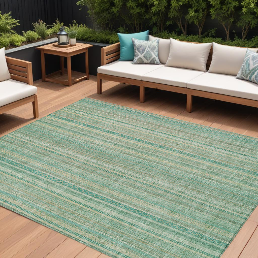 10 X 14 Aqua Beige And Teal Blue Striped Washable Indoor Outdoor Area Rug