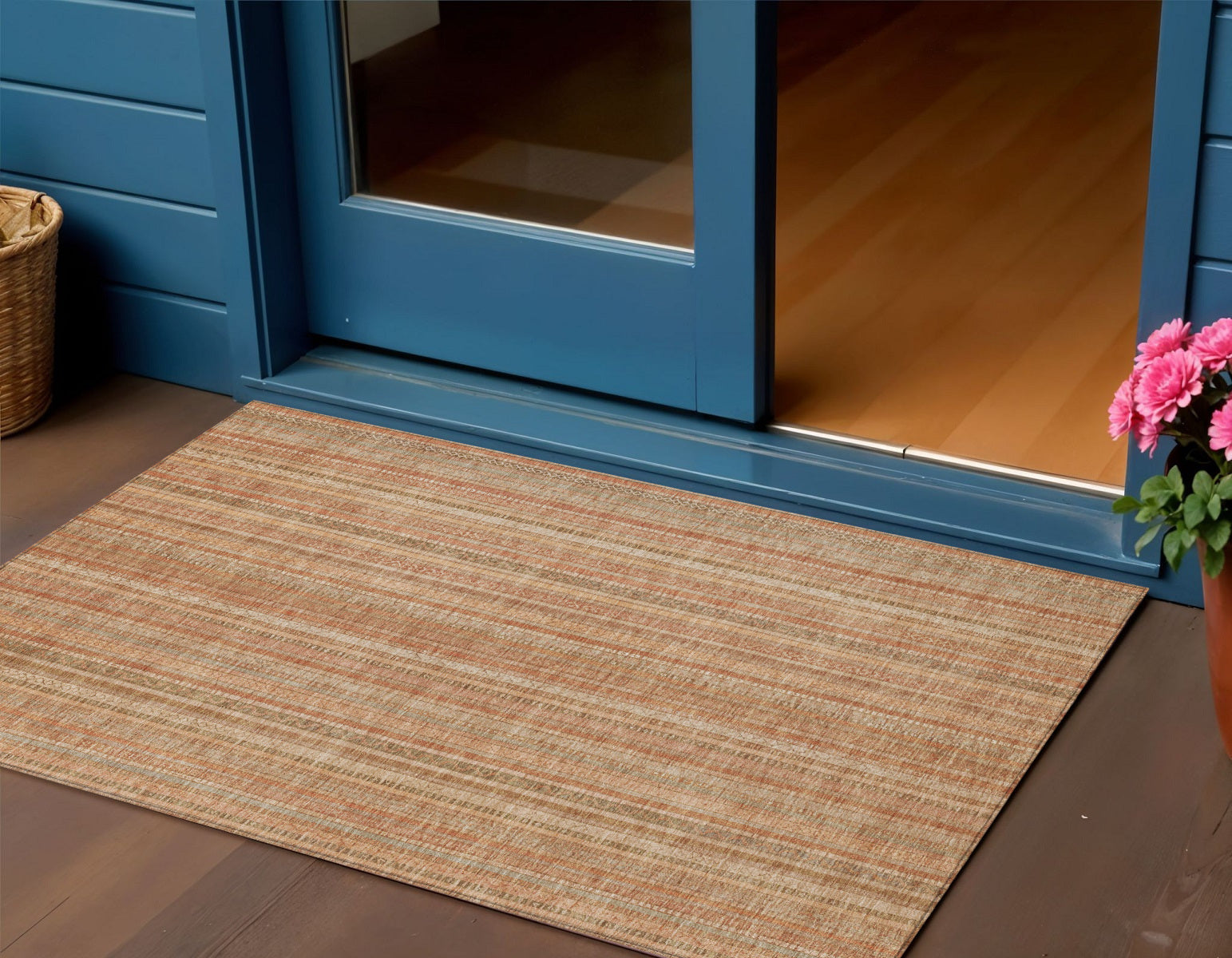 3 X 5 Rust Beige And Linen Striped Washable Indoor Outdoor Area Rug