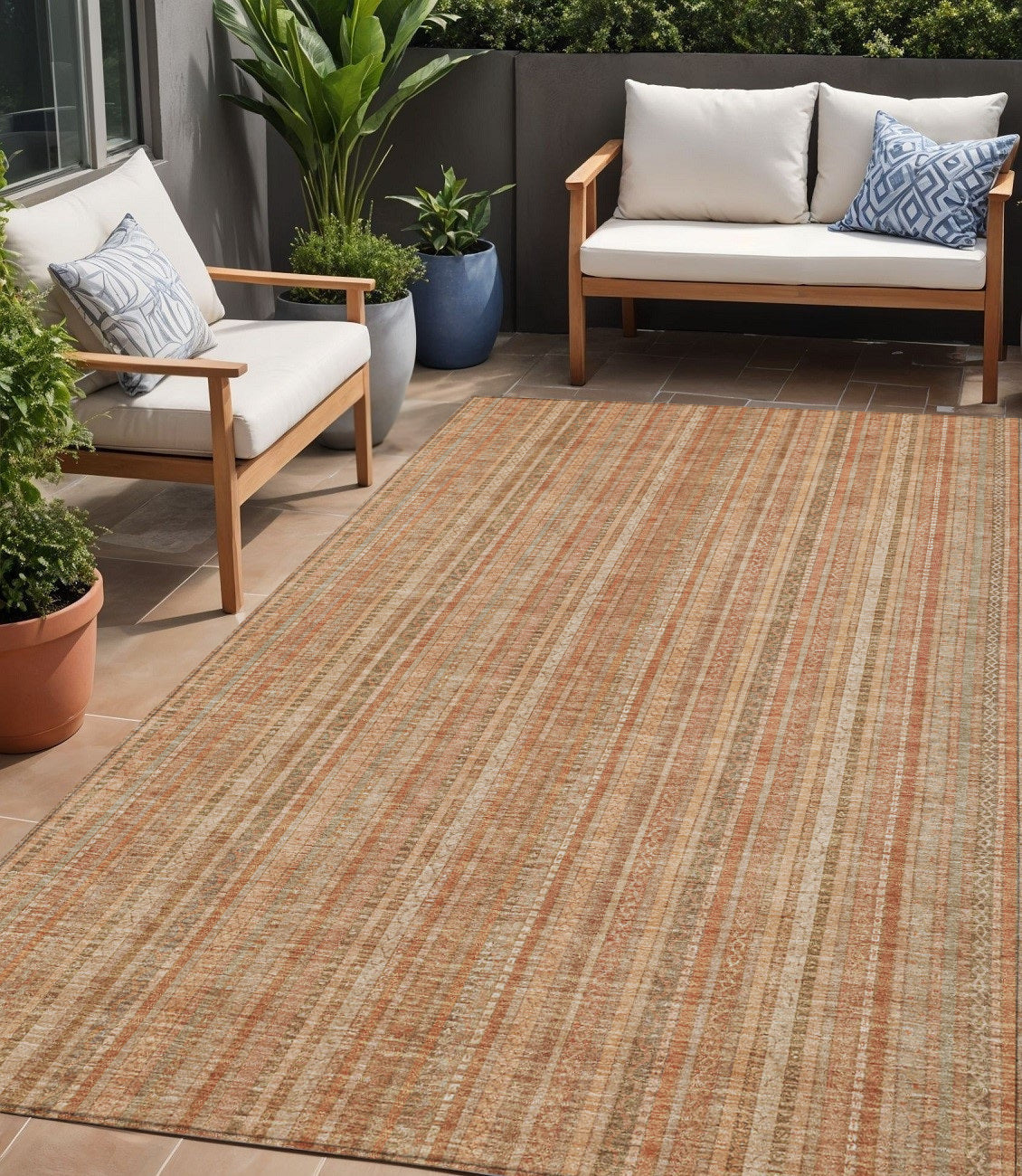 5 X 8 Rust Beige And Linen Striped Washable Indoor Outdoor Area Rug