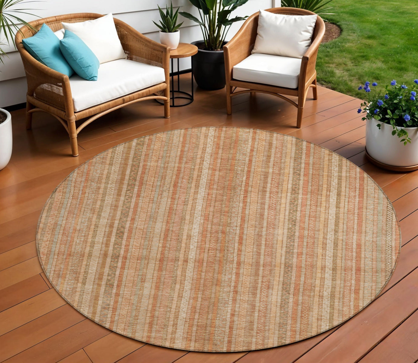 8 Rust Beige And Linen Round Striped Washable Indoor Outdoor Area Rug