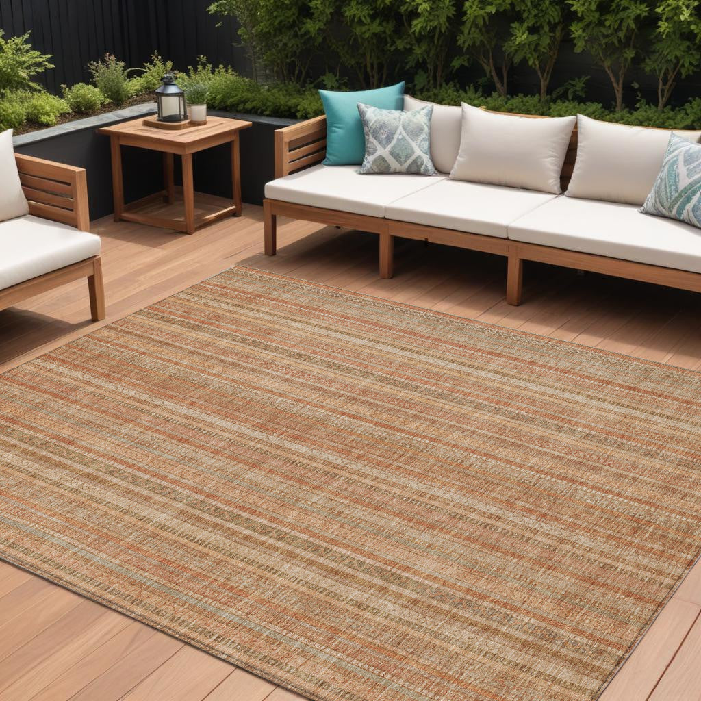 9 X 12 Rust Beige And Linen Striped Washable Indoor Outdoor Area Rug