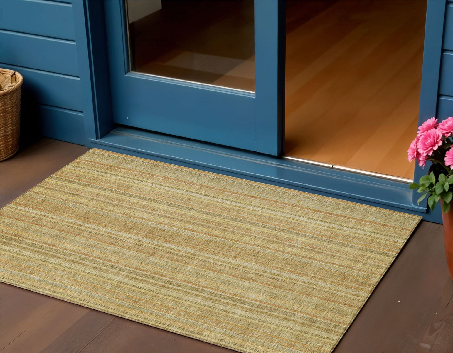 3 X 5 Wheat Gold And Beige Striped Washable Indoor Outdoor Area Rug
