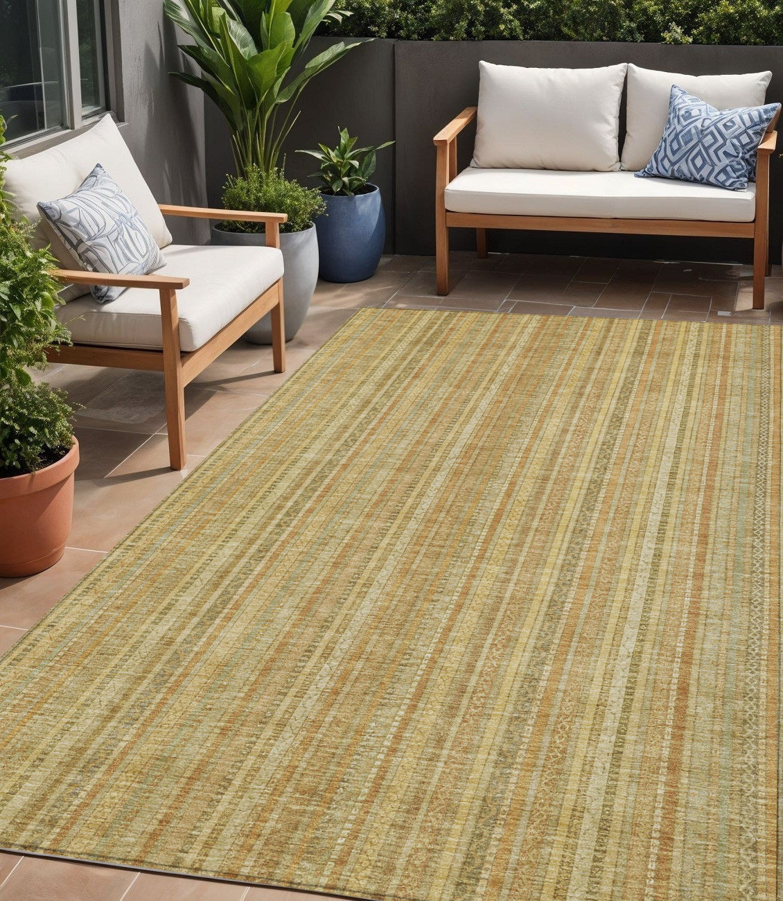 5 X 8 Wheat Gold And Beige Striped Washable Indoor Outdoor Area Rug