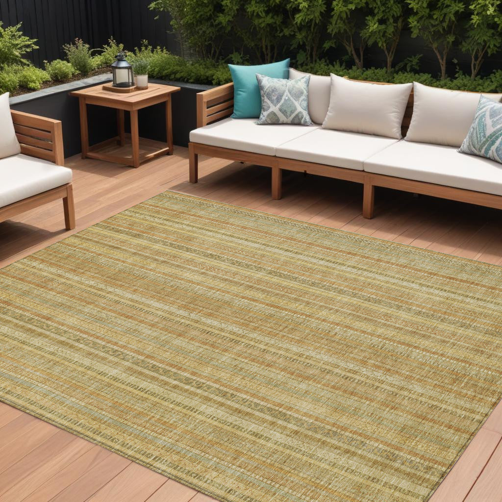 9 X 12 Wheat Gold And Beige Striped Washable Indoor Outdoor Area Rug
