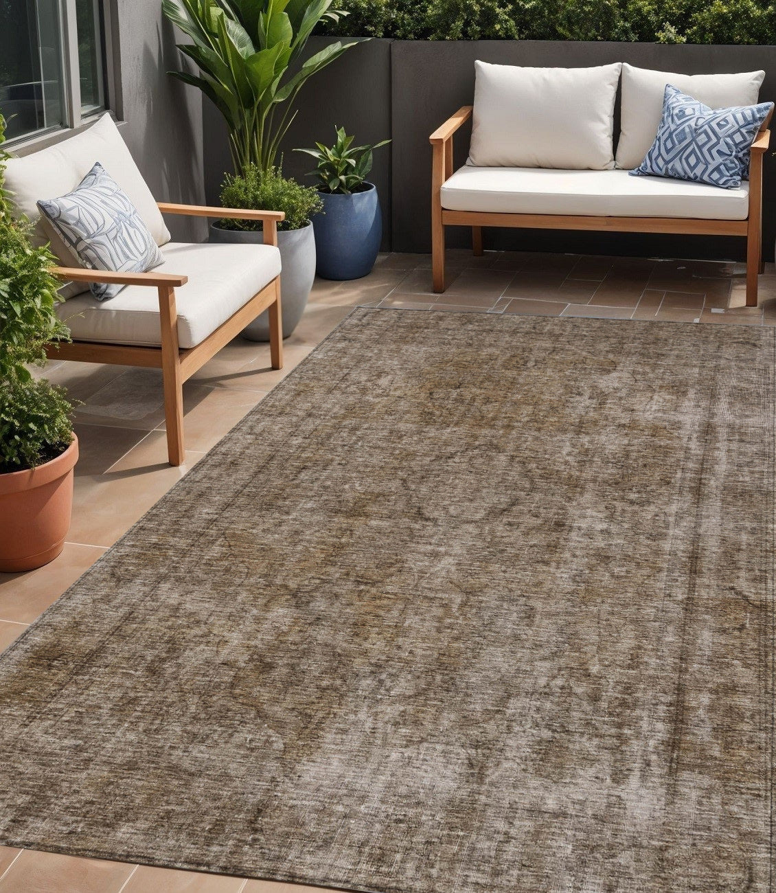 5 X 8 Brown And Beige Medallion Washable Indoor Outdoor Area Rug