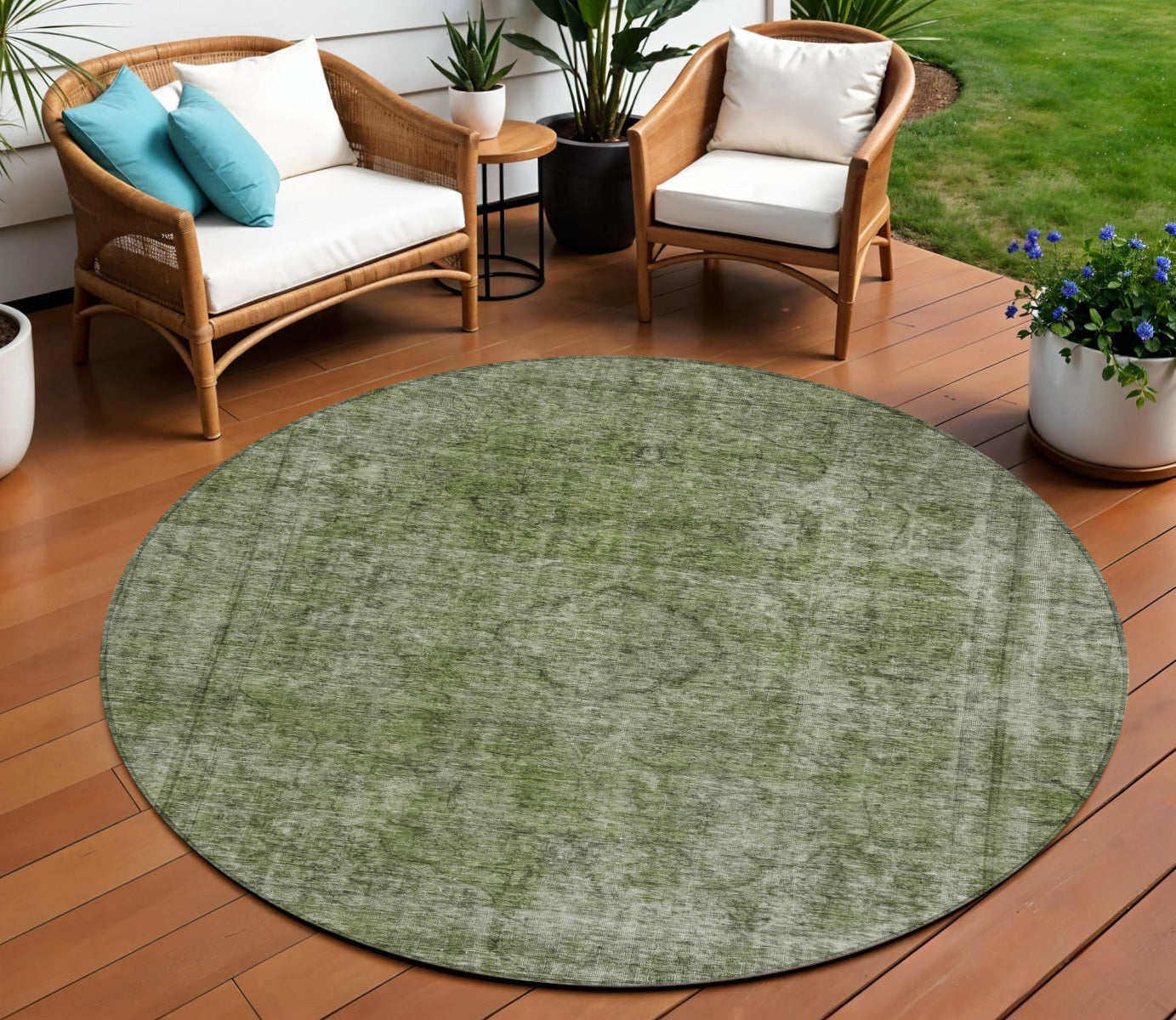 8 Green And Silver Round Medallion Washable Indoor Outdoor Area Rug