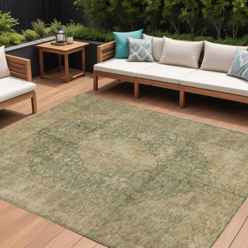 8 X 10 Artichoke Green And Beige Medallion Washable Indoor Outdoor Area Rug