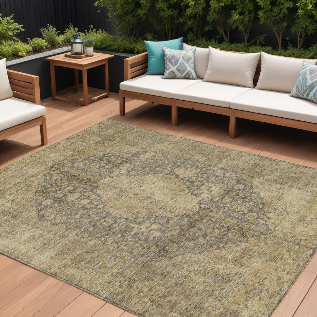 8 X 10 Brown And Beige Medallion Washable Indoor Outdoor Area Rug
