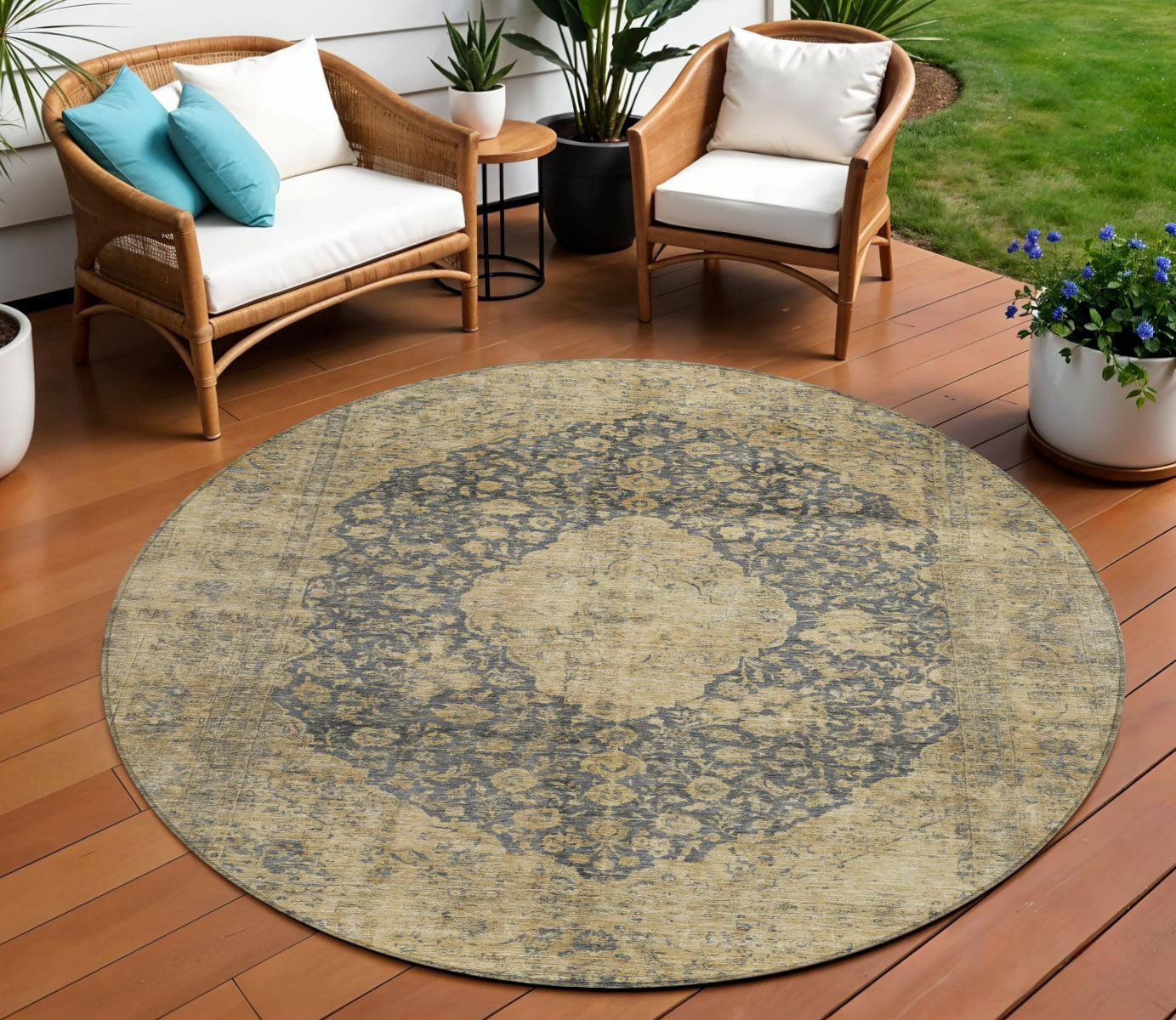 8 Charcoal And Beige Round Medallion Washable Indoor Outdoor Area Rug