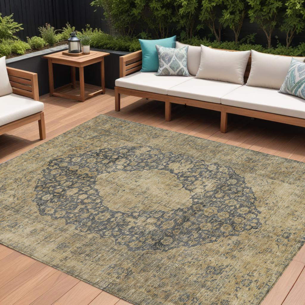 10 X 14 Charcoal And Beige Medallion Washable Indoor Outdoor Area Rug