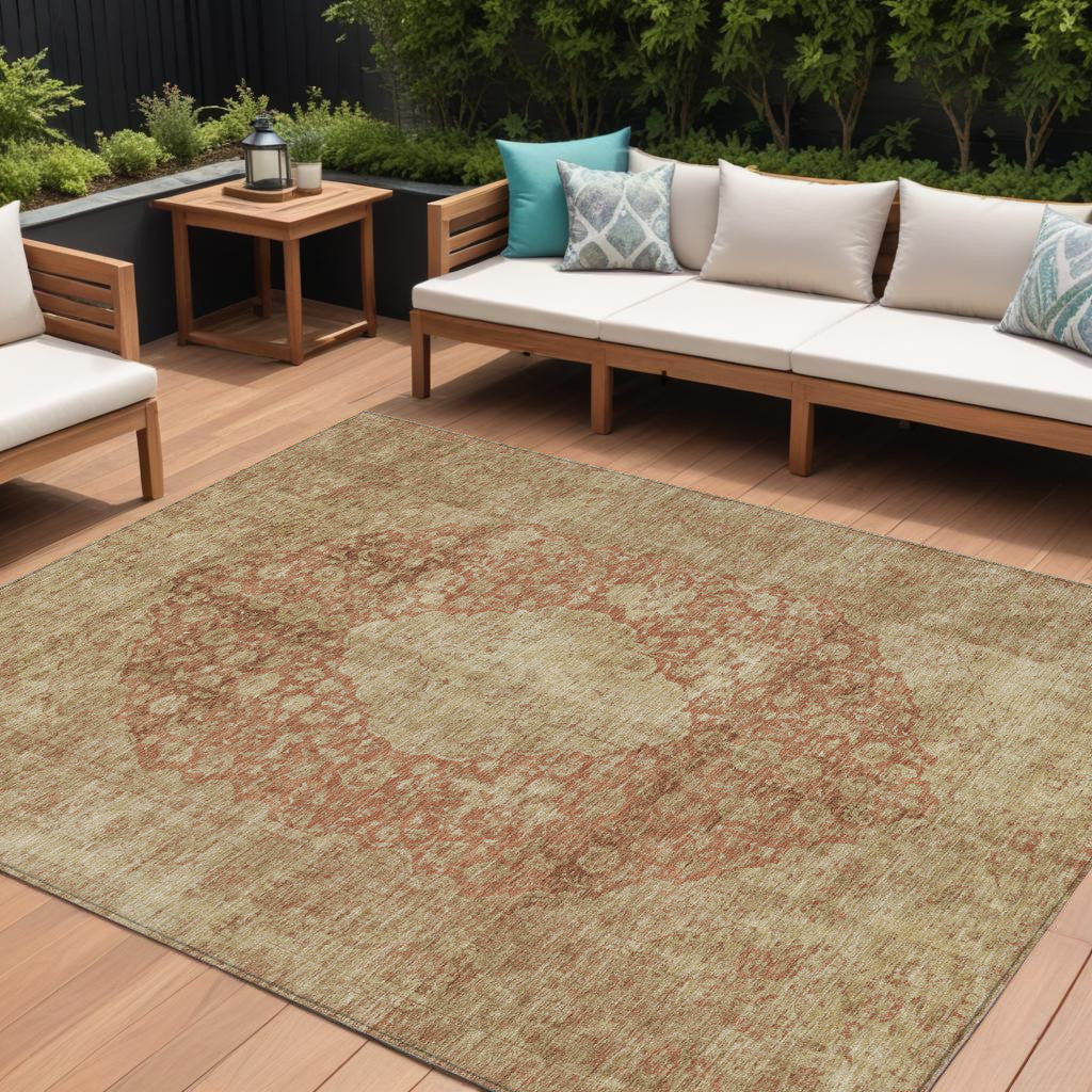 10 X 14 Rust And Beige Medallion Washable Indoor Outdoor Area Rug