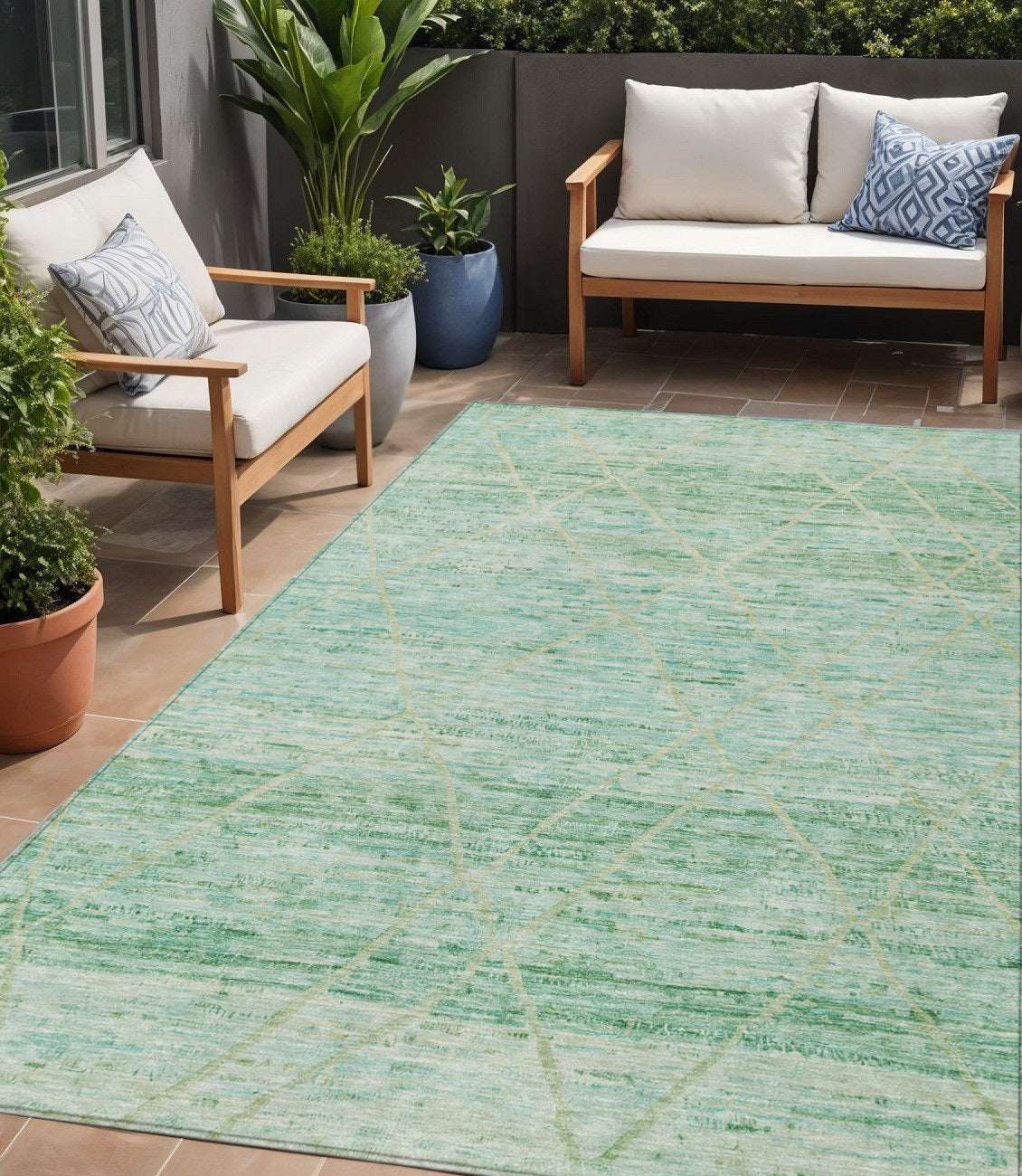 5 X 8 Artichoke Green And Beige Trellis Washable Indoor Outdoor Area Rug