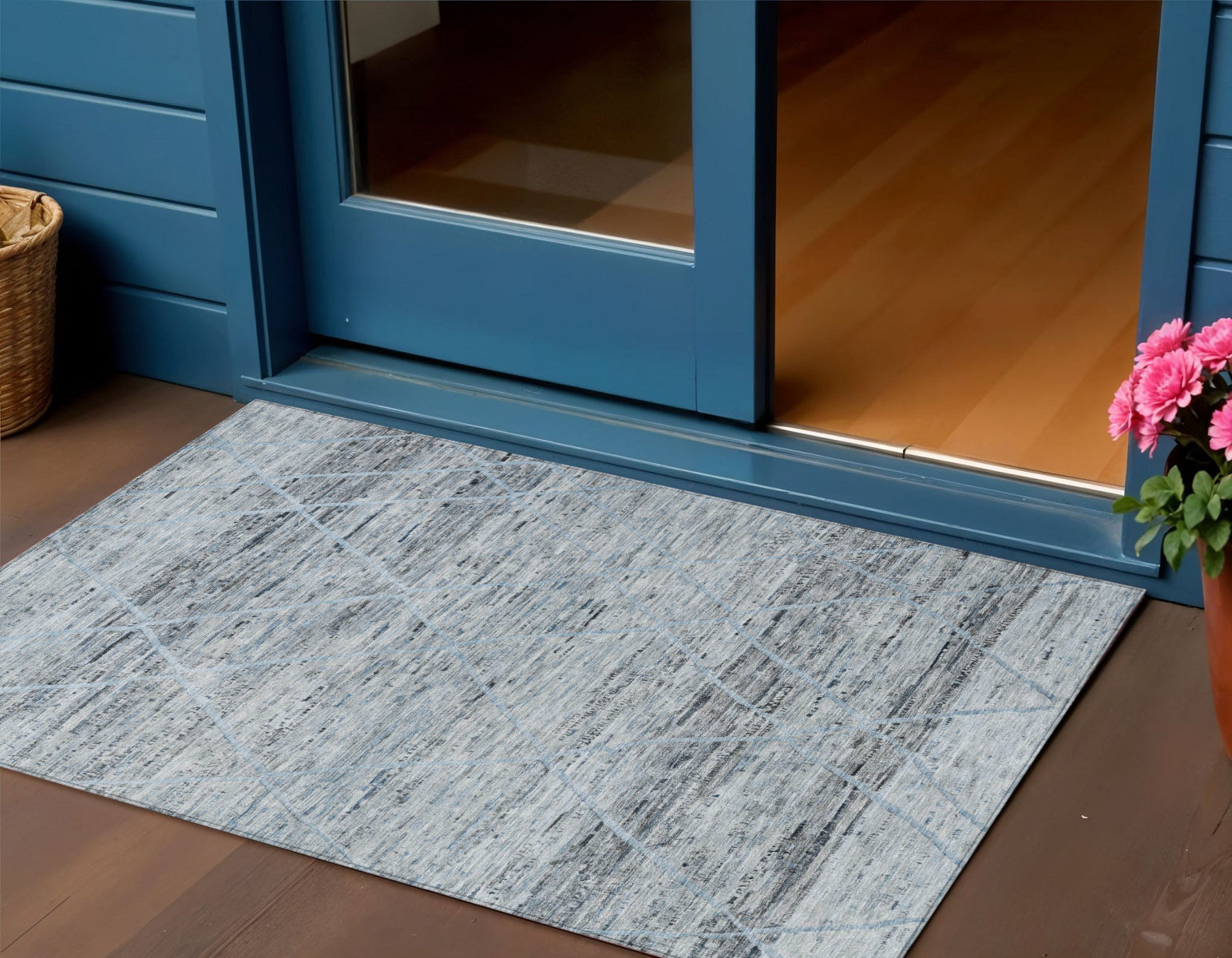 3 X 5 Blue And Gray Trellis Washable Indoor Outdoor Area Rug