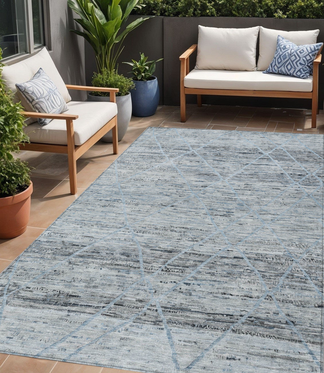 5 X 8 Blue And Gray Trellis Washable Indoor Outdoor Area Rug