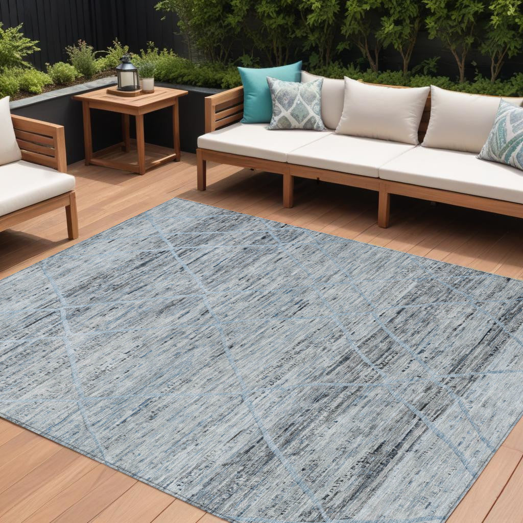 9 X 12 Blue And Gray Trellis Washable Indoor Outdoor Area Rug