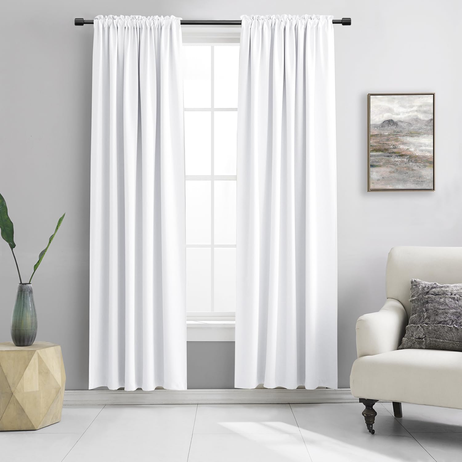 Pure White Half Blackout Modern Design Curtains 84 Inches Long - Room Darkening Thermal Insulated Drapes Window Treatment Curtains For Living Room Patio Door,2 Panels,W 52 X L 84 Inch