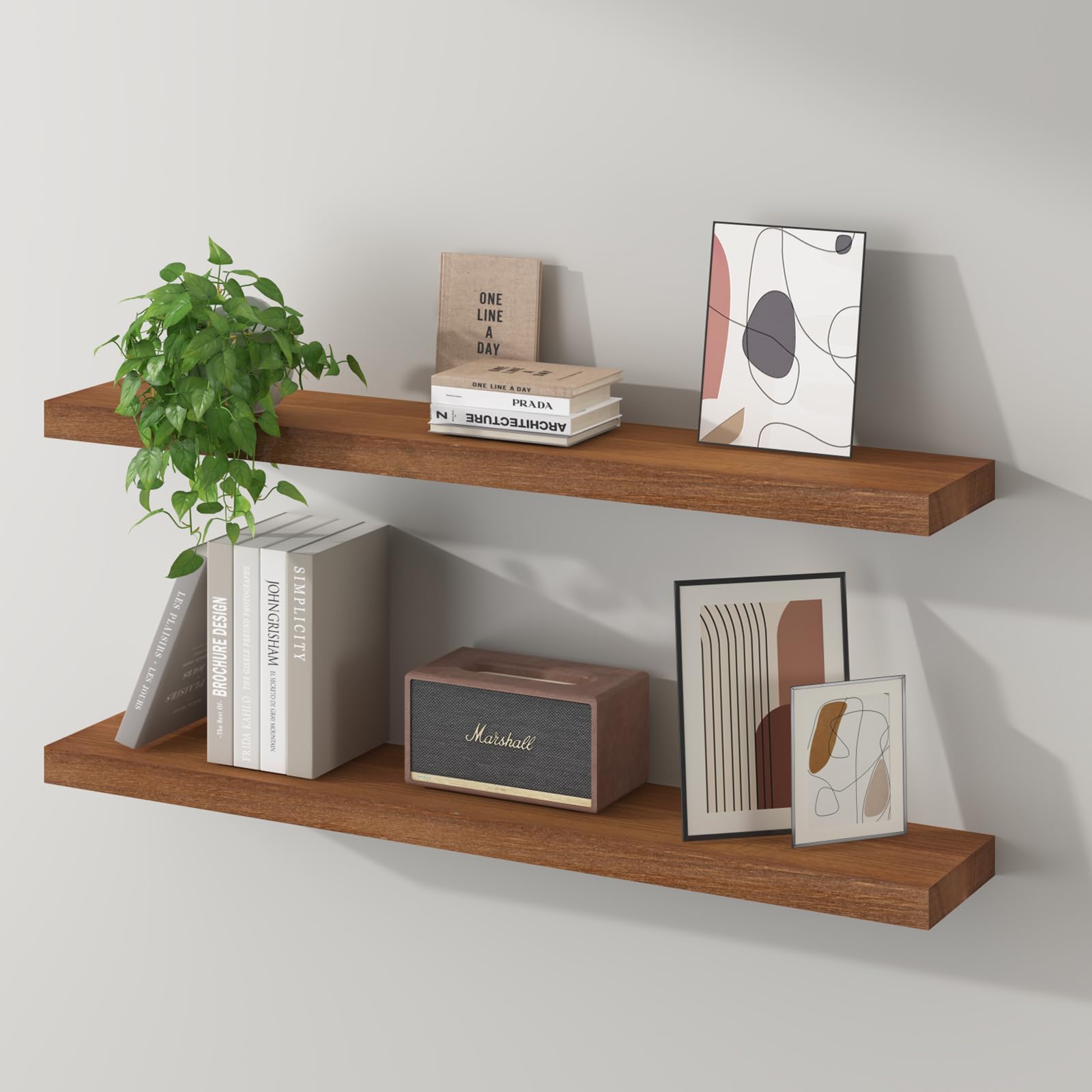 SAUMONIERES Floating Wall Shelves for Bedroom Bathroom Wall Mounted Solid Wood 36 Inches Long Shelf Set of 2, Walnut Floating Sh
