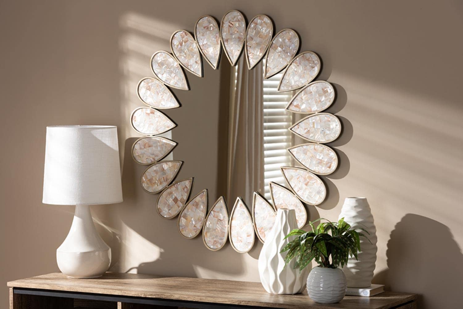 Baxton Studio Savita Modern and Contemporary Antique Silver Finished Round Shell Petal Accent Wall Mirror