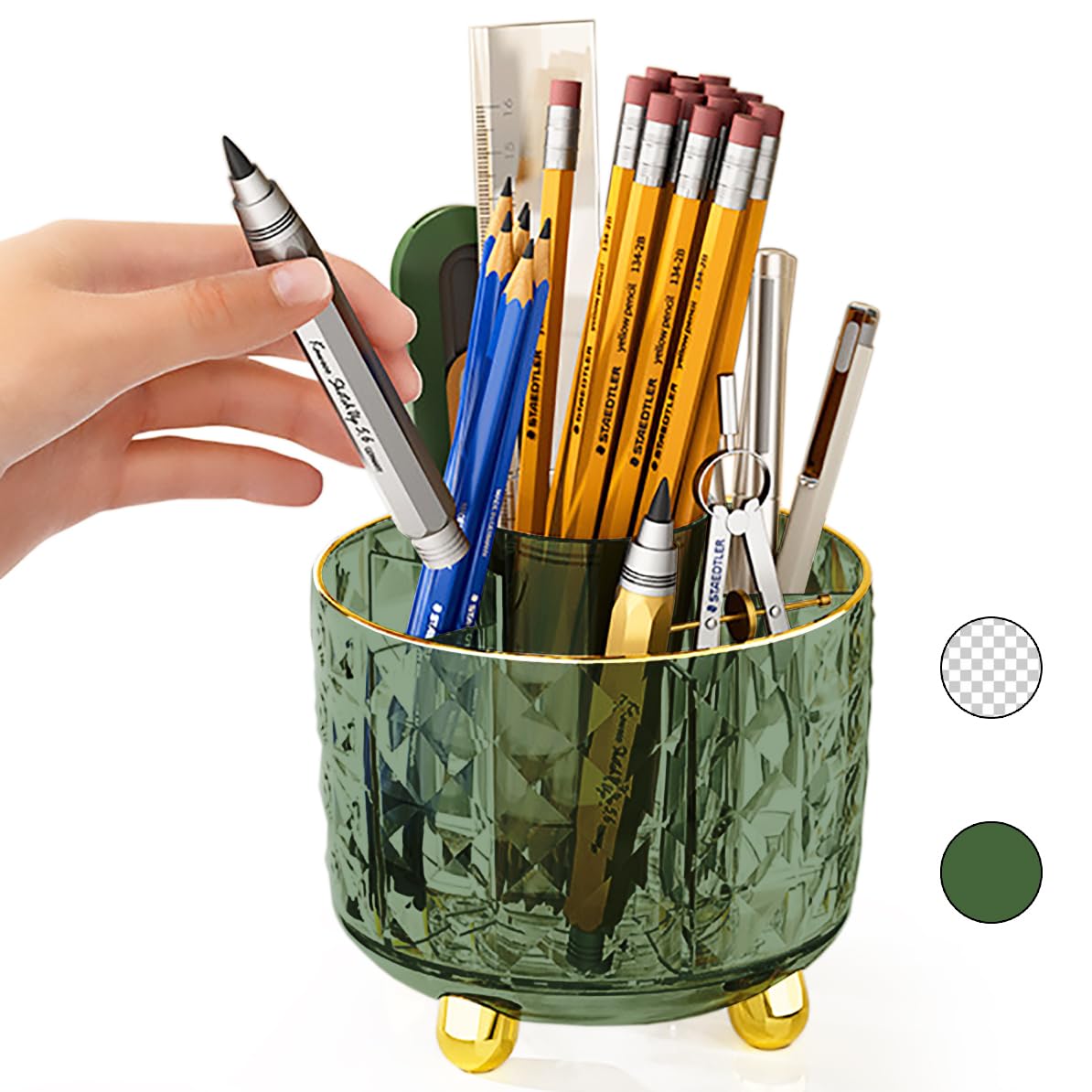 Gotoba Dark Green Pen Pencil Holder For Desk, 360 Rotating Pen Organizer, Green Office Supplies, Cute Pen Holder, 6-Compartment