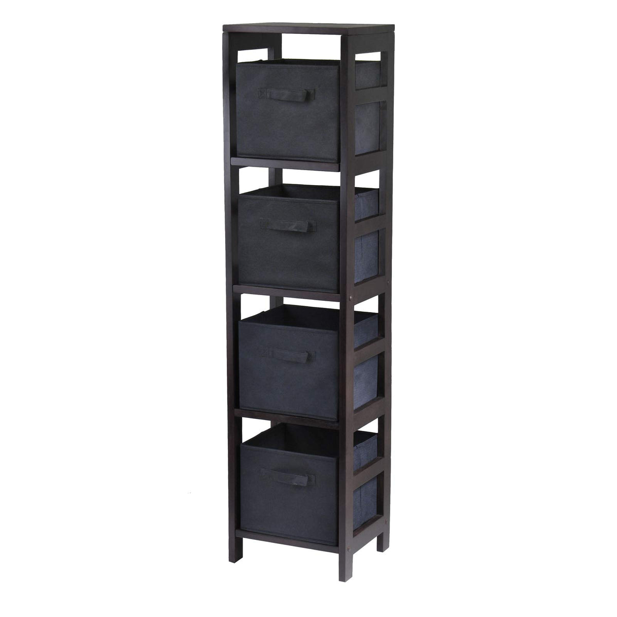 Winsome Wood Capri Wood 4 Section Storage Shelf with 4 Black Fabric Foldable Baskets