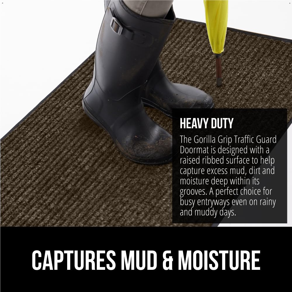 Gorilla Grip Waterproof Heavy Duty Traffic Guard Doormat, Stain And Fade Resistant, Durable Rubber, Low Profile Door Mat, Shoe Scraper, Welcome Mats For Entry, 29X17, Brown