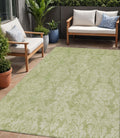 5 X 8 Artichoke Green And Beige Damask Washable Indoor Outdoor Area Rug