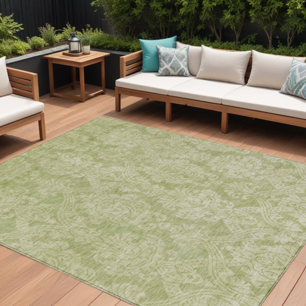 10 X 14 Artichoke Green And Beige Damask Washable Indoor Outdoor Area Rug