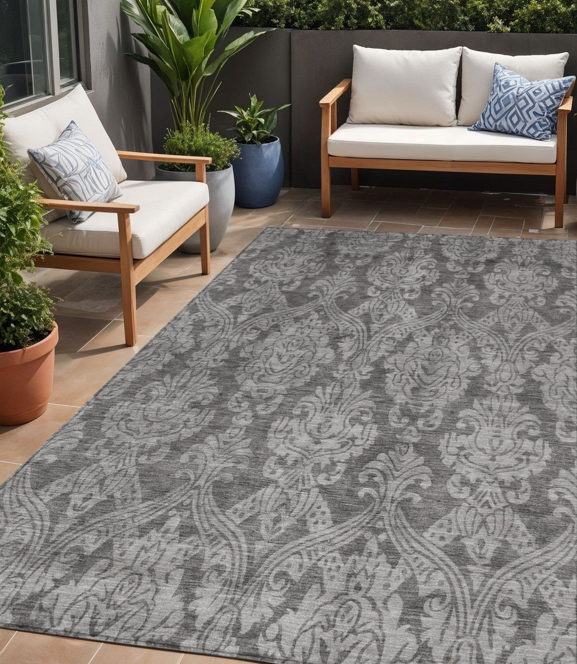 5 X 8 Gray And Pewter Damask Washable Indoor Outdoor Area Rug