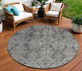 8 Gray And Pewter Round Damask Washable Indoor Outdoor Area Rug