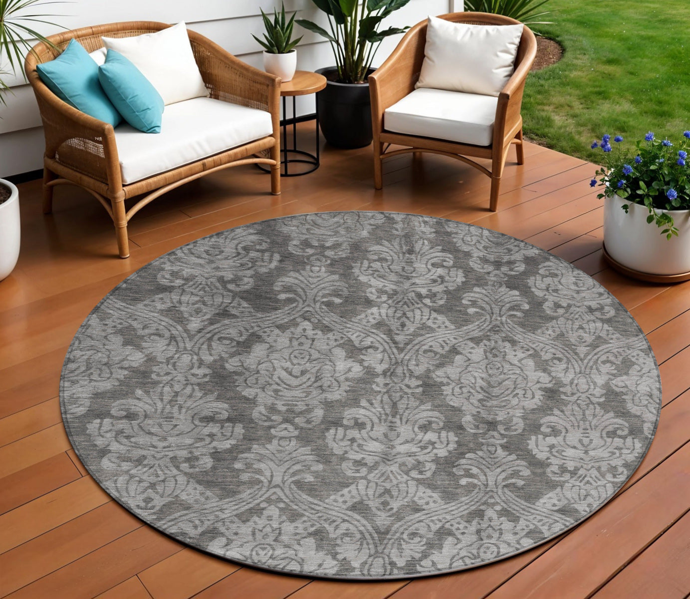 8 Gray And Pewter Round Damask Washable Indoor Outdoor Area Rug