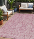 5 X 8 Pink And Ivory Damask Washable Indoor Outdoor Area Rug