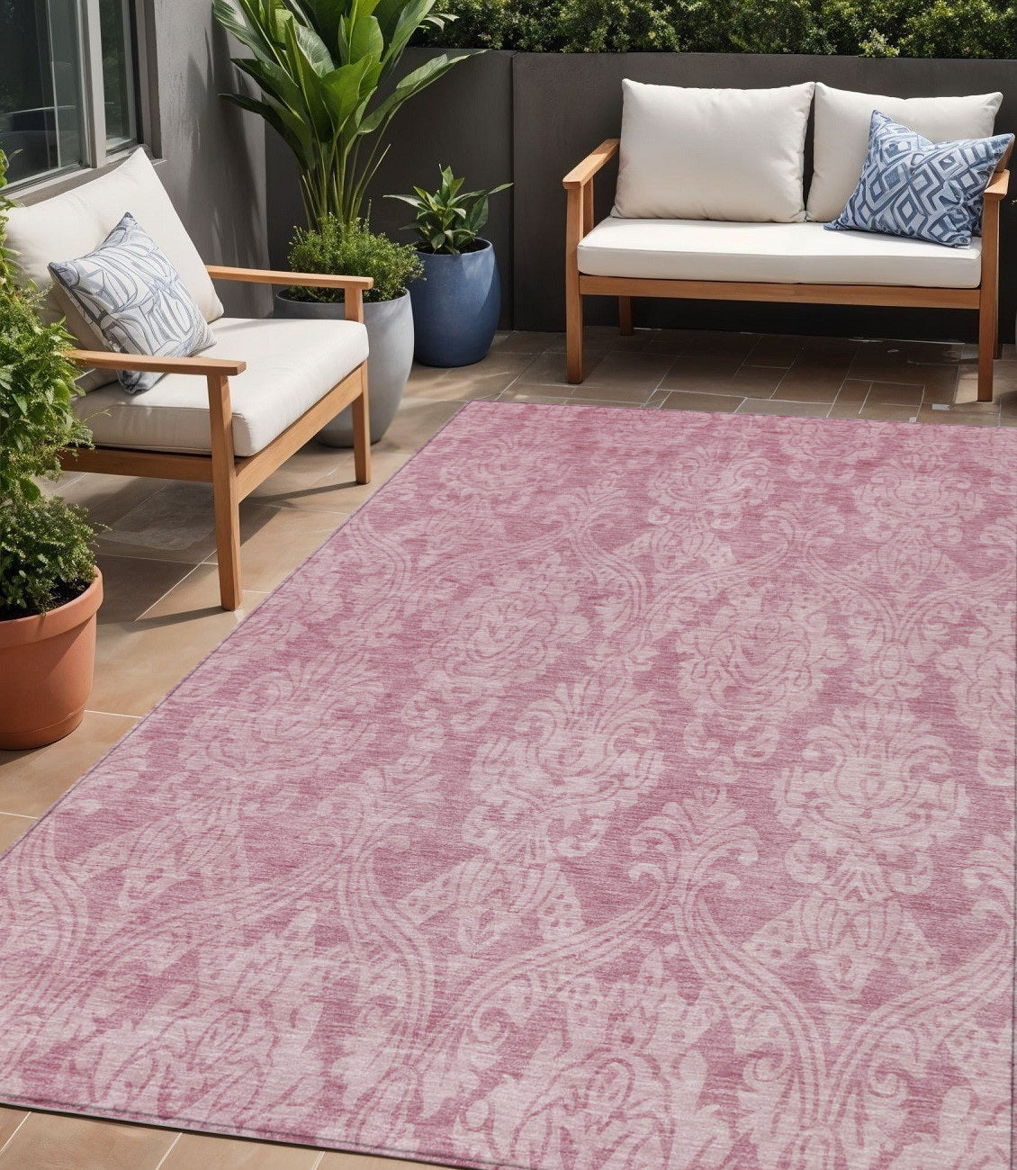 5 X 8 Pink And Ivory Damask Washable Indoor Outdoor Area Rug