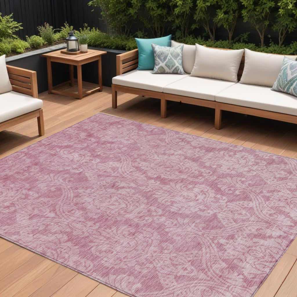 9 X 12 Pink And Ivory Damask Washable Indoor Outdoor Area Rug