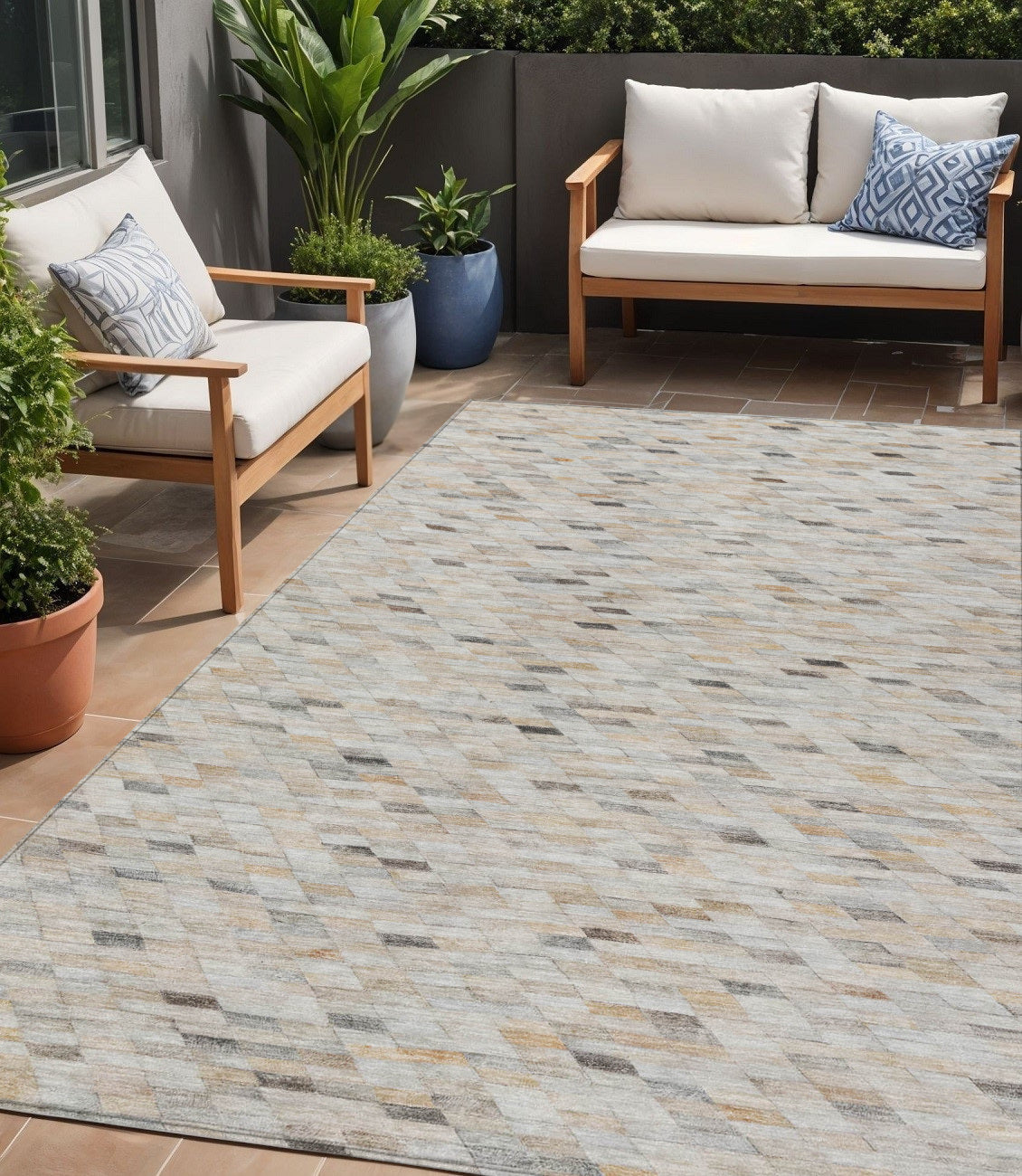 5 X 8 Linen And Gray Geometric Washable Indoor Outdoor Area Rug