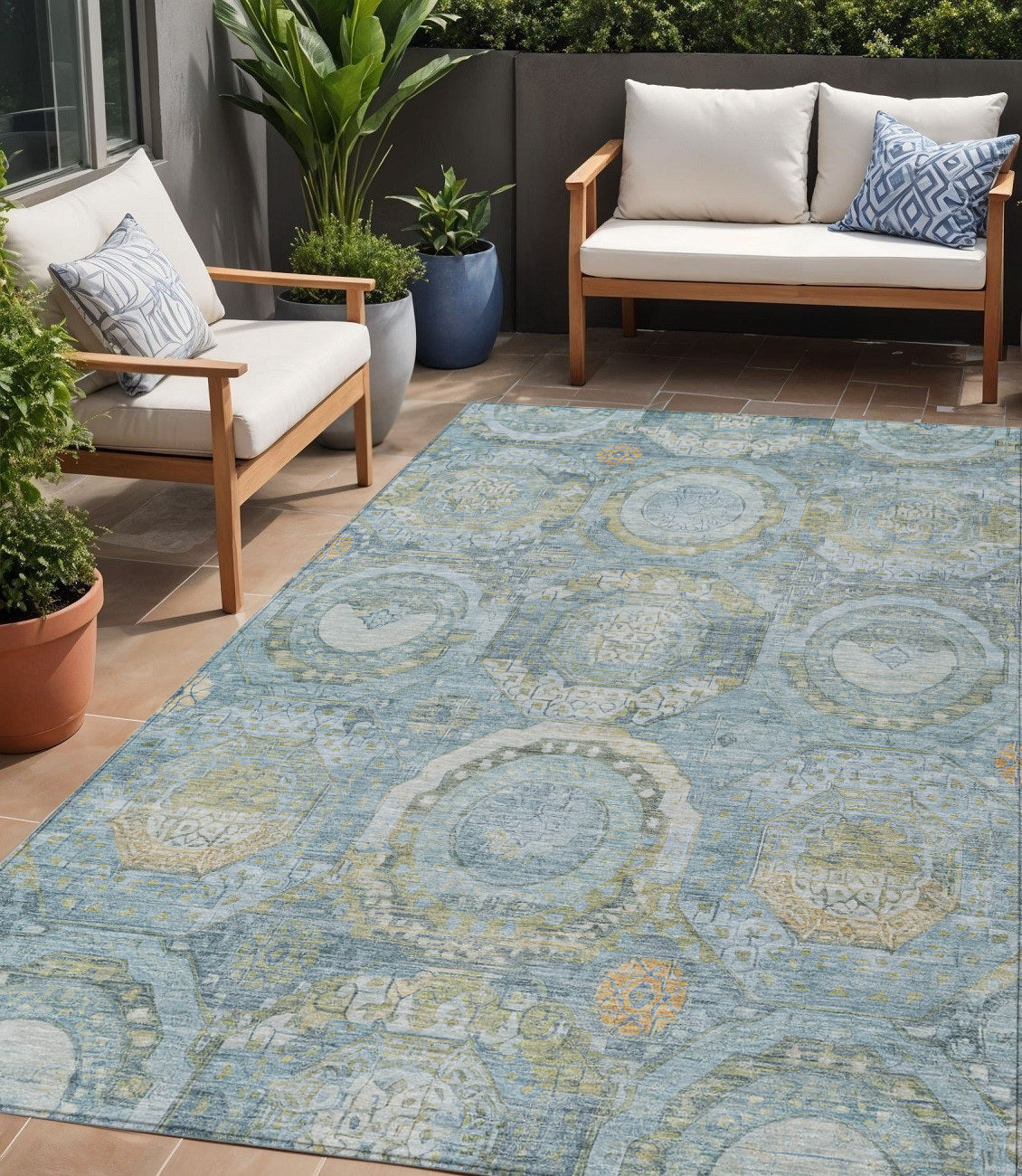 5 X 8 Blue And Gold Medallion Washable Indoor Outdoor Area Rug