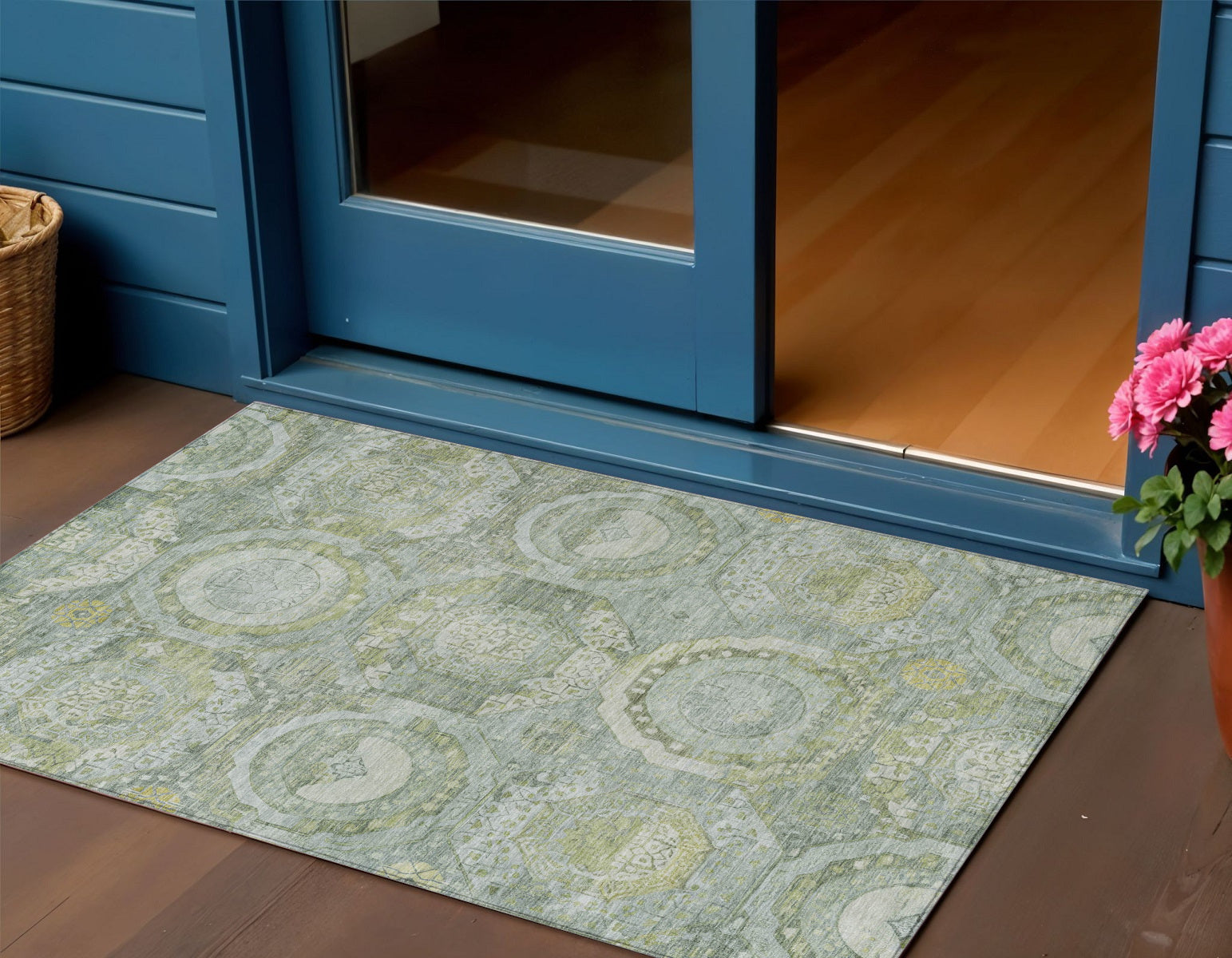 3 X 5 Sage And Gold Medallion Washable Indoor Outdoor Area Rug