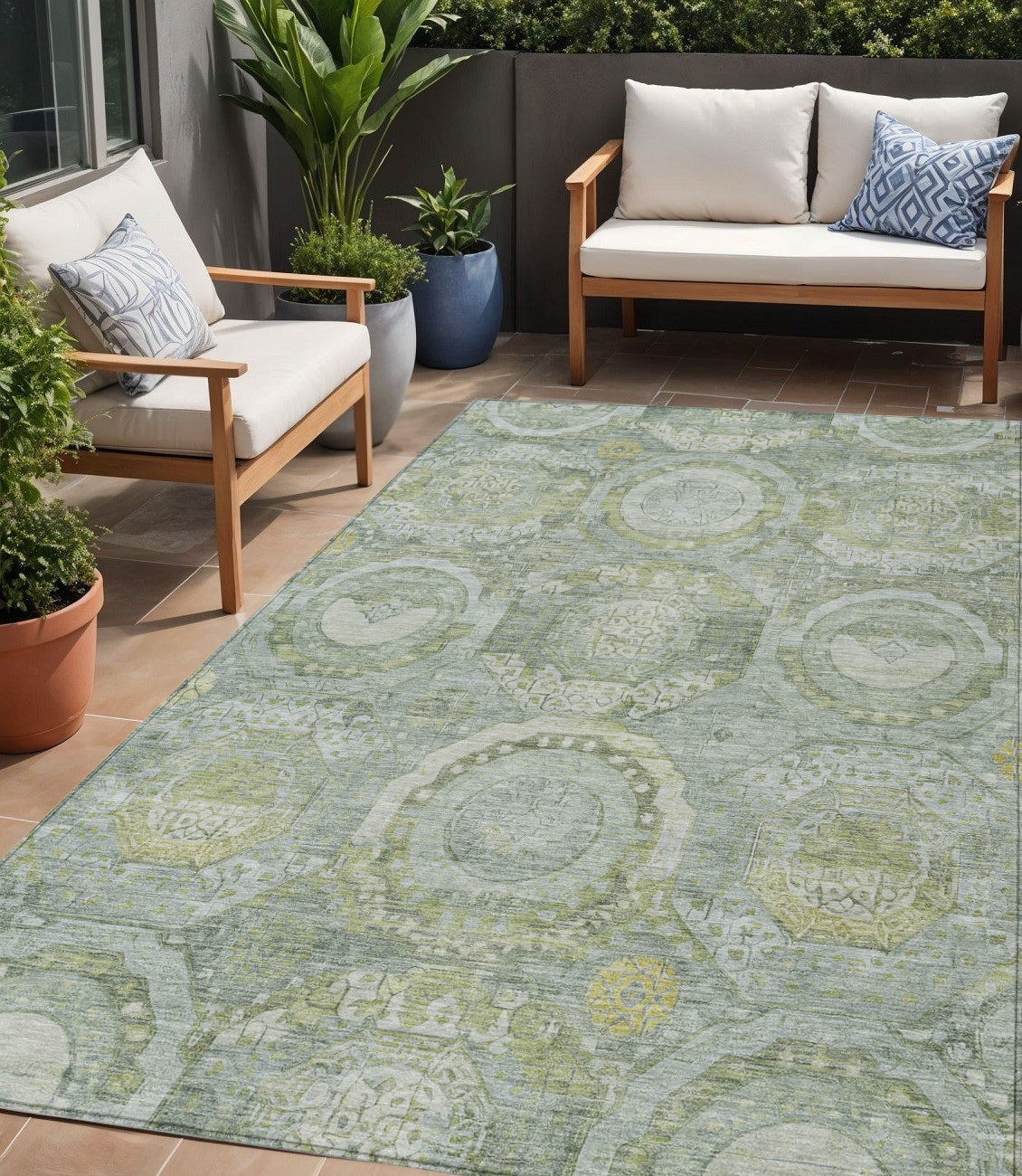 5 X 8 Sage And Gold Medallion Washable Indoor Outdoor Area Rug