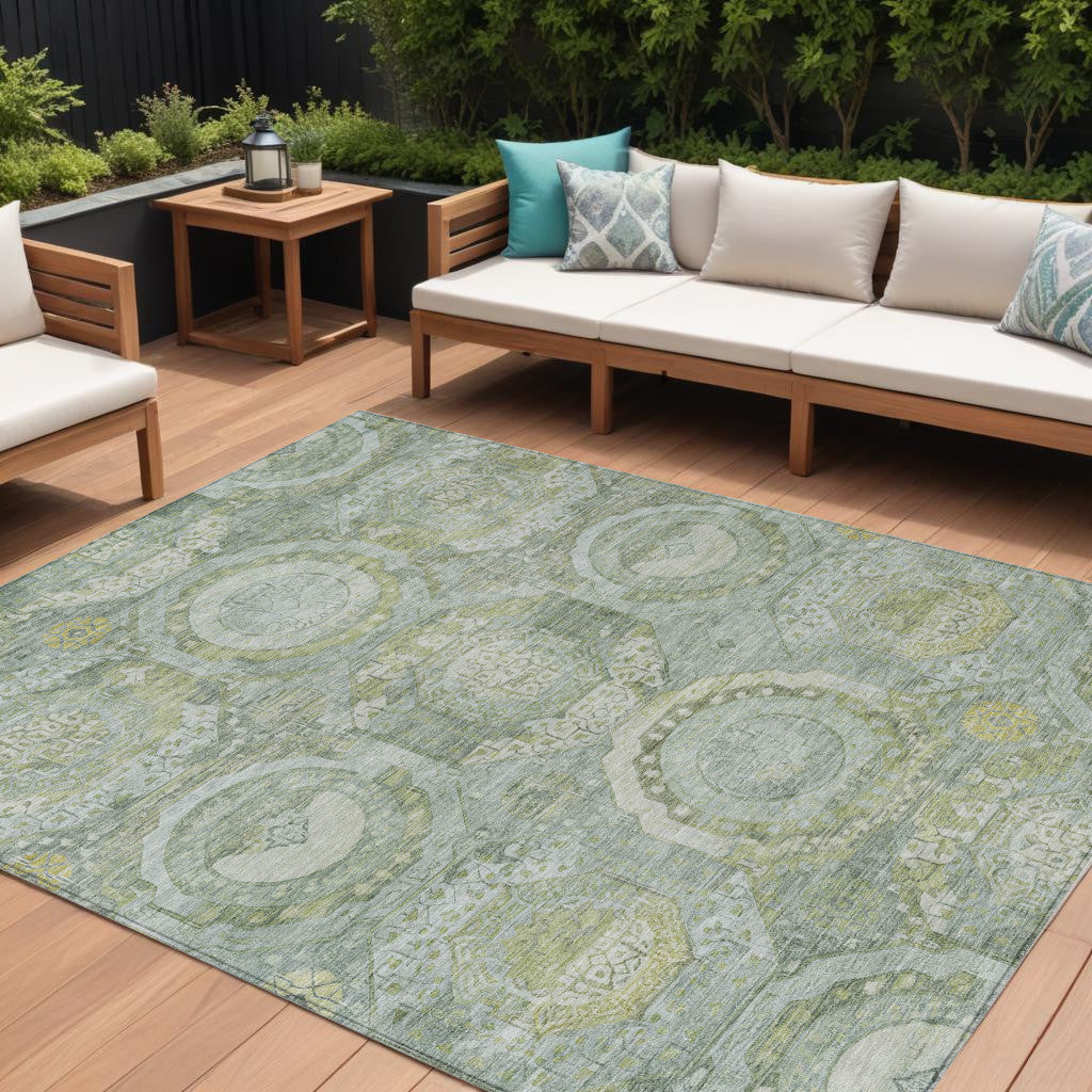 10 X 14 Sage And Gold Medallion Washable Indoor Outdoor Area Rug