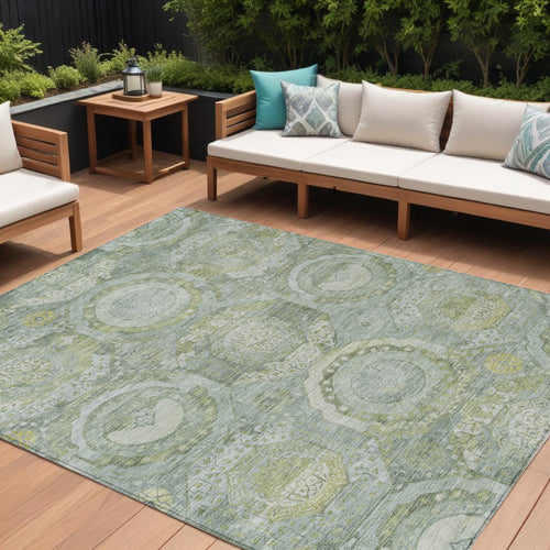 10 X 14 Sage And Gold Medallion Washable Indoor Outdoor Area Rug