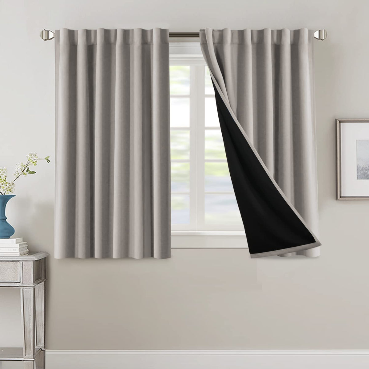 H.VERSAILTEX 100% Blackout Curtains for Bedroom with Black Liner Full Room Darkening Curtains 45 Inches Long Thermal Insulated B