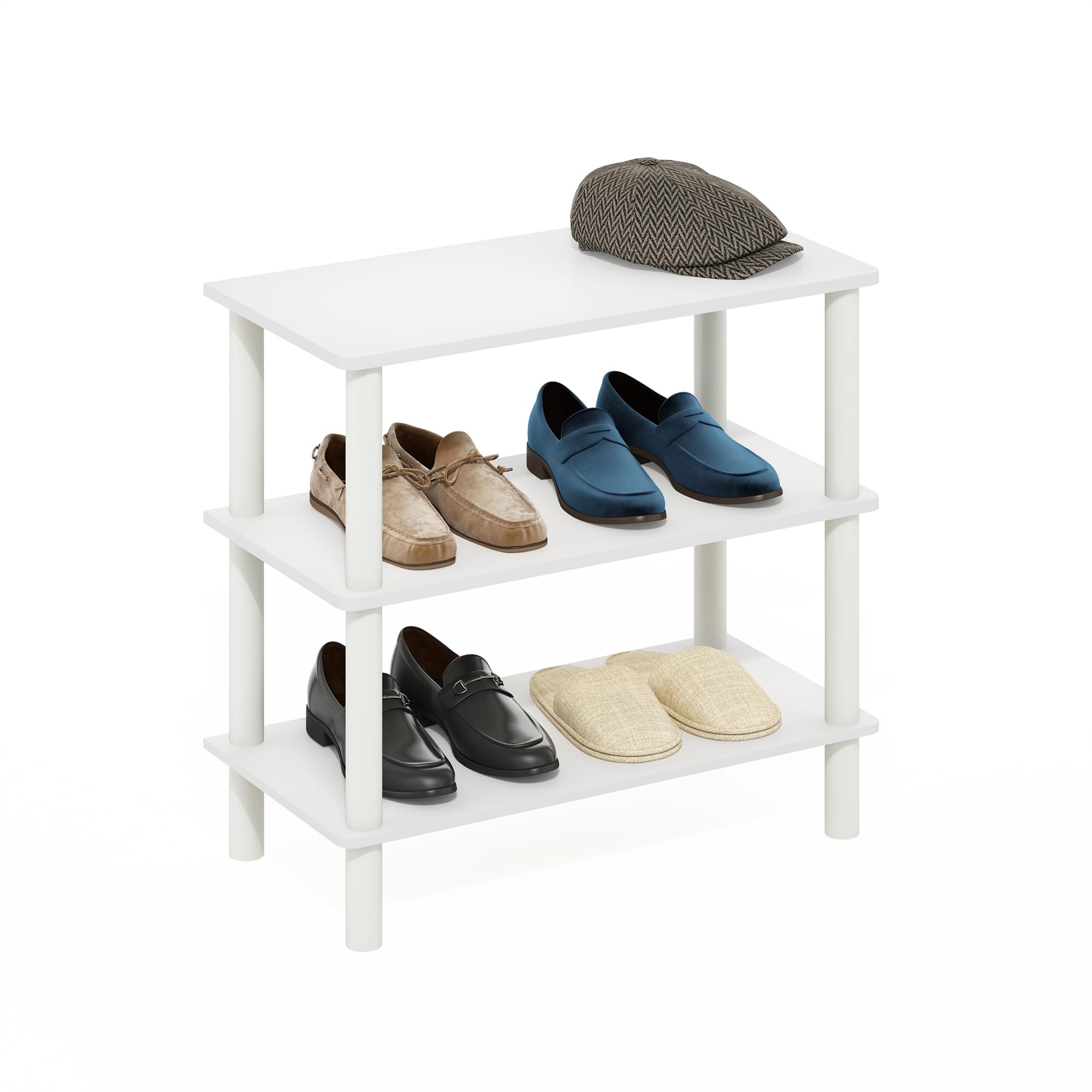 Furinno Turn-N-Tube 23-Inch 3-Tier Freestanding Shoe Rack Storage Organizer, White/White